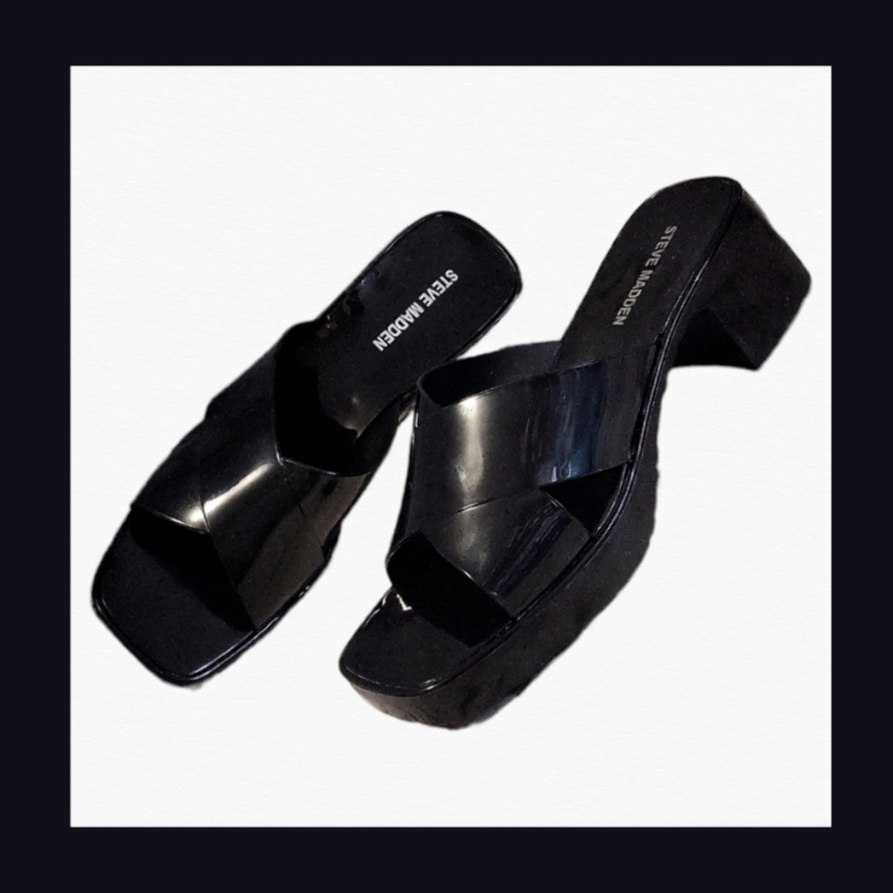 Steve Madden Black Y2K Style Square Toe Jelly Chunky Heels Black Size 9